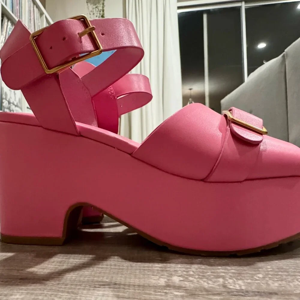 Charlotte Stone Pink Platform Sandals with Gold Buckles